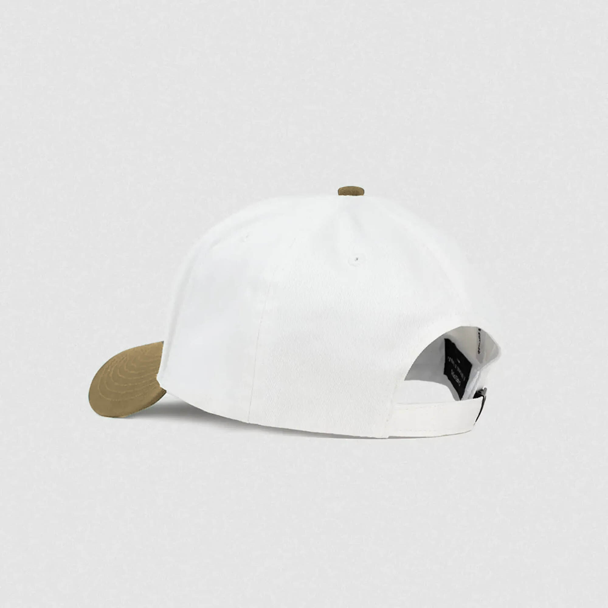 Adjustable white 5-panel skull hat with matching white strapback and tan button detail