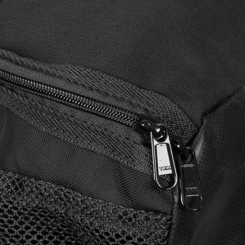 tombstone bag black zipper close up.