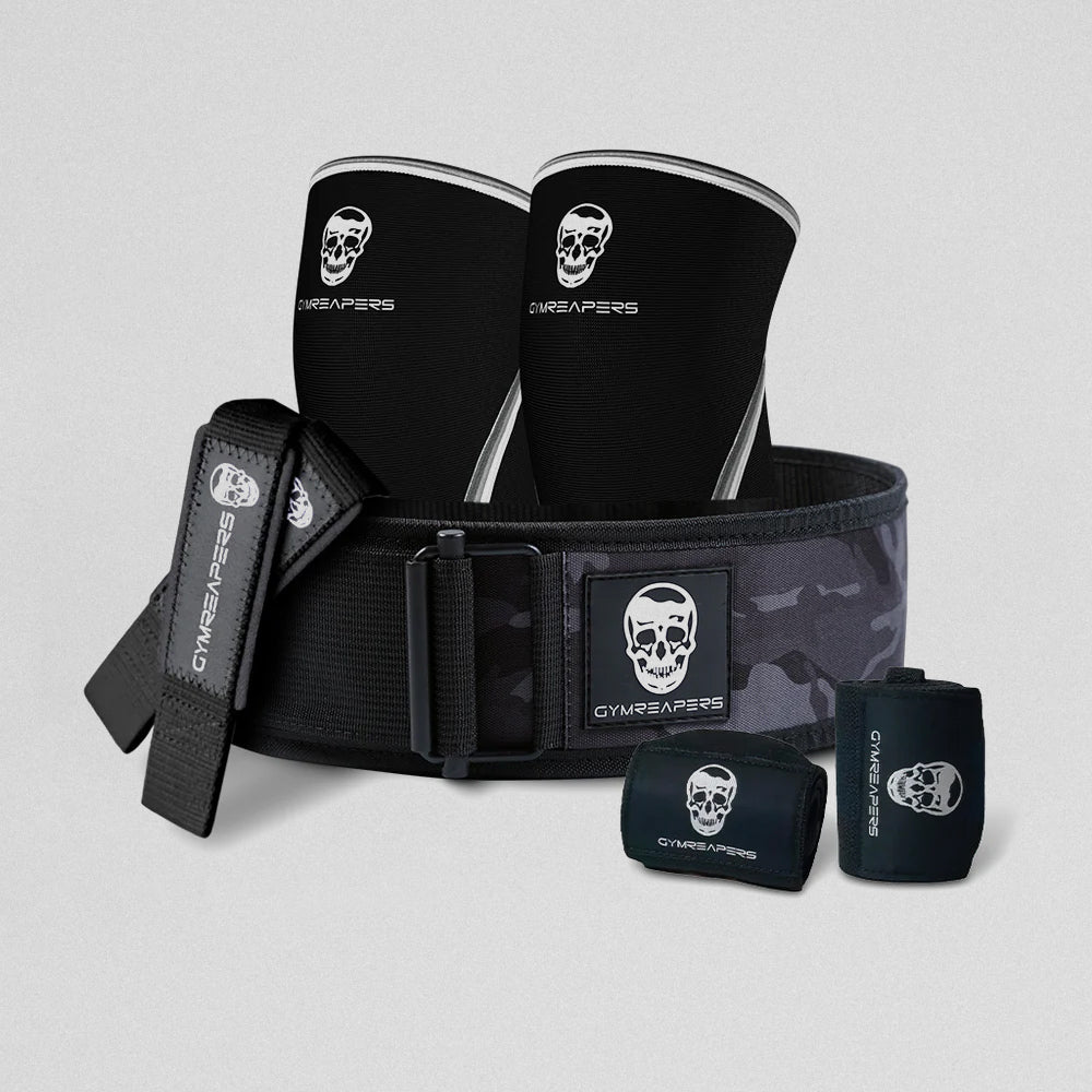 Gymreapers Training kit showcasing the quick locking belt, knee sleeves, 18" wrist wraps and lifting straps.
