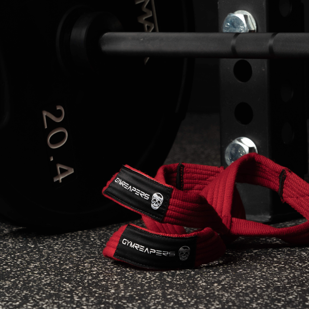Red W8TRAIN Padded Figure-8 Wrist Lifting Straps for Powerlifting